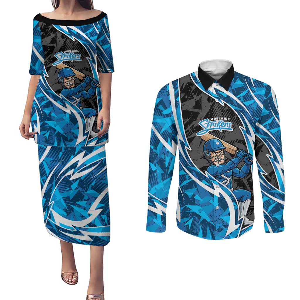 Adelaide Strikers Couples Matching Puletasi and Long Sleeve Button Shirt Flaming Lightning Storm Geometric Sports Mascot Art