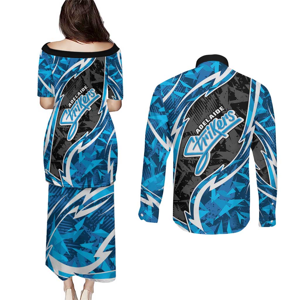 Adelaide Strikers Couples Matching Puletasi and Long Sleeve Button Shirt Flaming Lightning Storm Geometric Sports Mascot Art