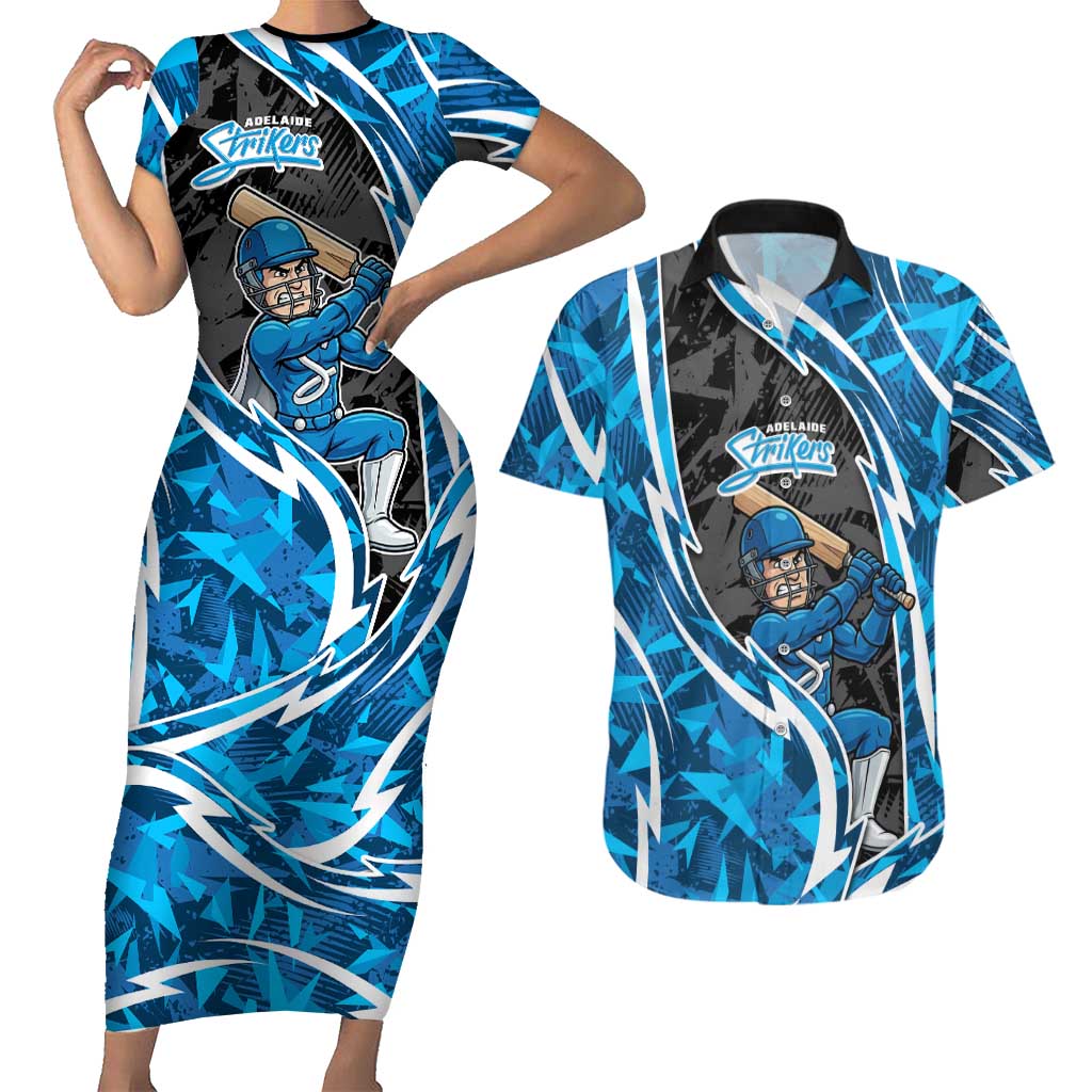 Adelaide Strikers Couples Matching Short Sleeve Bodycon Dress and Hawaiian Shirt Flaming Lightning Storm Geometric Sports Mascot Art