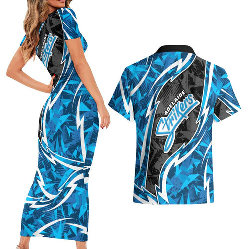 Adelaide Strikers Couples Matching Short Sleeve Bodycon Dress and Hawaiian Shirt Flaming Lightning Storm Geometric Sports Mascot Art