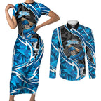 Adelaide Strikers Couples Matching Short Sleeve Bodycon Dress and Long Sleeve Button Shirt Flaming Lightning Storm Geometric Sports Mascot Art