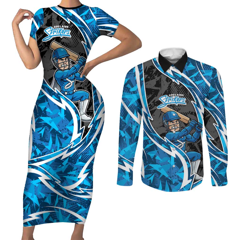 Adelaide Strikers Couples Matching Short Sleeve Bodycon Dress and Long Sleeve Button Shirt Flaming Lightning Storm Geometric Sports Mascot Art