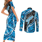 Adelaide Strikers Couples Matching Short Sleeve Bodycon Dress and Long Sleeve Button Shirt Flaming Lightning Storm Geometric Sports Mascot Art