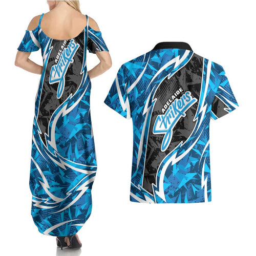 Adelaide Strikers Couples Matching Summer Maxi Dress and Hawaiian Shirt Flaming Lightning Storm Geometric Sports Mascot Art