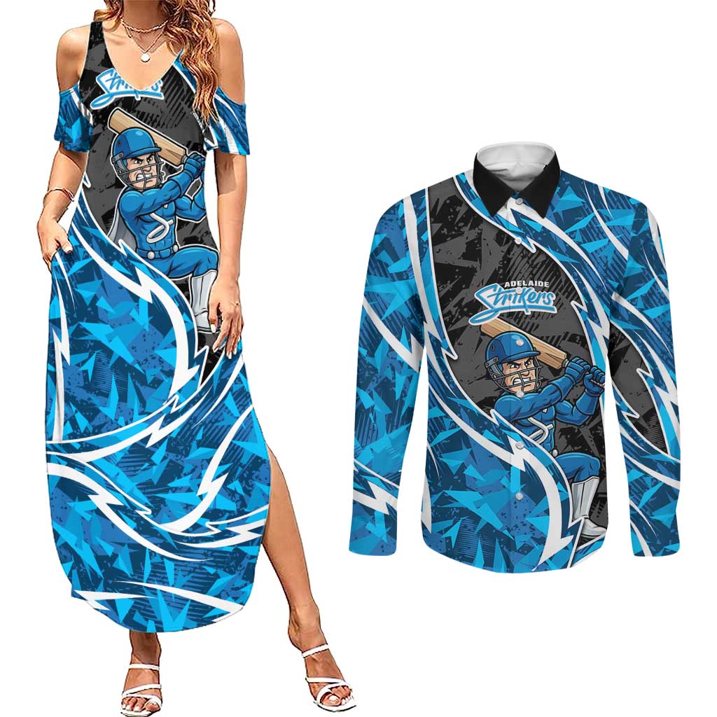 Adelaide Strikers Couples Matching Summer Maxi Dress and Long Sleeve Button Shirt Flaming Lightning Storm Geometric Sports Mascot Art