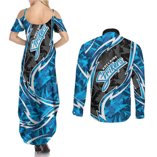 Adelaide Strikers Couples Matching Summer Maxi Dress and Long Sleeve Button Shirt Flaming Lightning Storm Geometric Sports Mascot Art