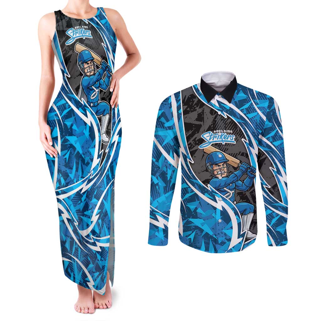 Adelaide Strikers Couples Matching Tank Maxi Dress and Long Sleeve Button Shirt Flaming Lightning Storm Geometric Sports Mascot Art