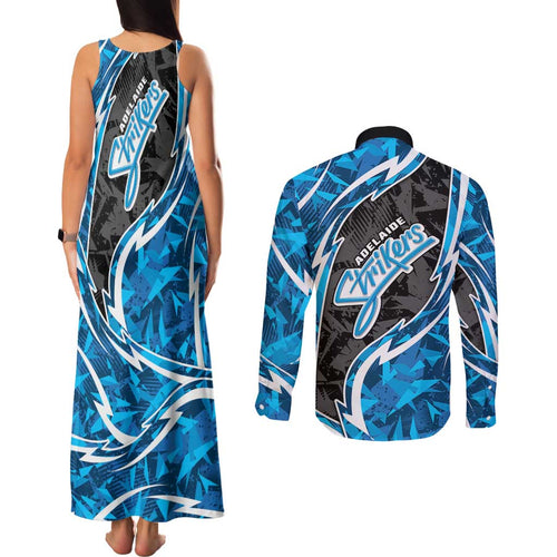Adelaide Strikers Couples Matching Tank Maxi Dress and Long Sleeve Button Shirt Flaming Lightning Storm Geometric Sports Mascot Art