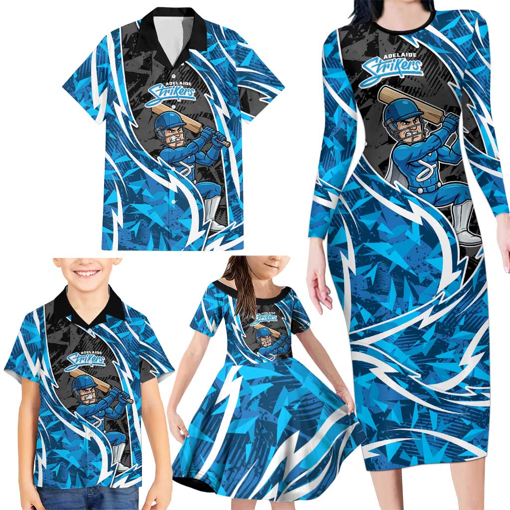 Adelaide Strikers Family Matching Long Sleeve Bodycon Dress and Hawaiian Shirt Flaming Lightning Storm Geometric Sports Mascot Art