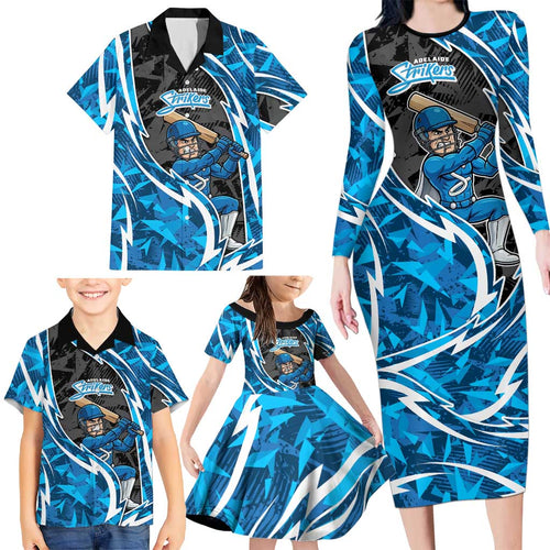 Adelaide Strikers Family Matching Long Sleeve Bodycon Dress and Hawaiian Shirt Flaming Lightning Storm Geometric Sports Mascot Art