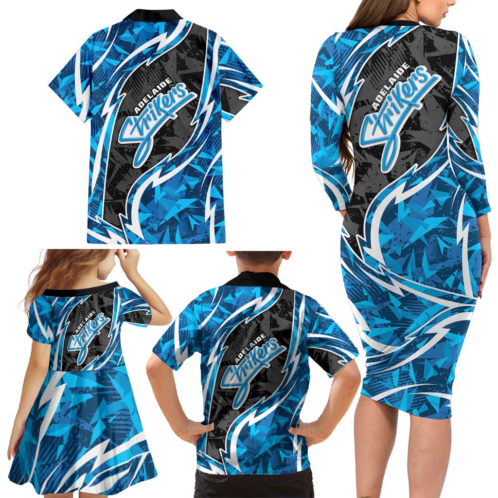 Adelaide Strikers Family Matching Long Sleeve Bodycon Dress and Hawaiian Shirt Flaming Lightning Storm Geometric Sports Mascot Art