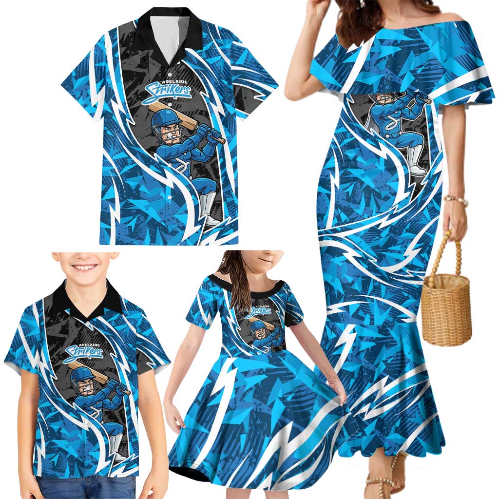 Adelaide Strikers Family Matching Mermaid Dress and Hawaiian Shirt Flaming Lightning Storm Geometric Sports Mascot Art