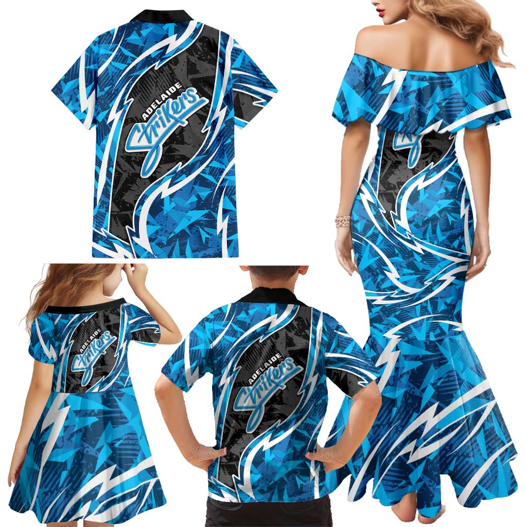 Adelaide Strikers Family Matching Mermaid Dress and Hawaiian Shirt Flaming Lightning Storm Geometric Sports Mascot Art