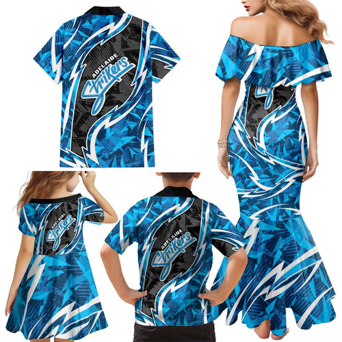 Adelaide Strikers Family Matching Mermaid Dress and Hawaiian Shirt Flaming Lightning Storm Geometric Sports Mascot Art