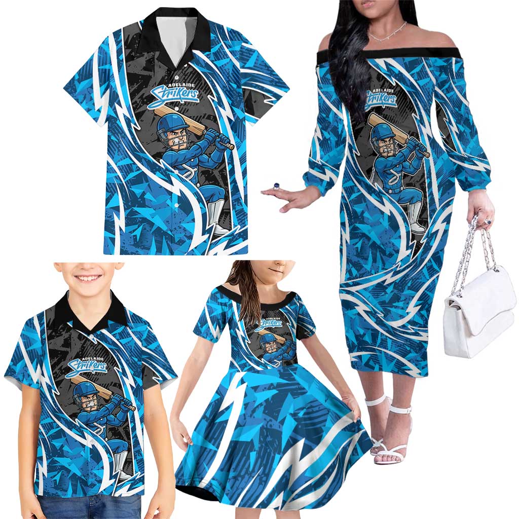 Adelaide Strikers Family Matching Off The Shoulder Long Sleeve Dress and Hawaiian Shirt Flaming Lightning Storm Geometric Sports Mascot Art