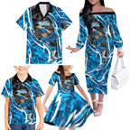 Adelaide Strikers Family Matching Off The Shoulder Long Sleeve Dress and Hawaiian Shirt Flaming Lightning Storm Geometric Sports Mascot Art