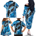 Adelaide Strikers Family Matching Off The Shoulder Long Sleeve Dress and Hawaiian Shirt Flaming Lightning Storm Geometric Sports Mascot Art