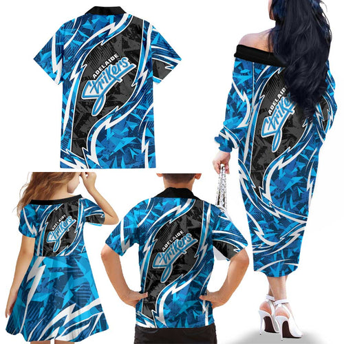 Adelaide Strikers Family Matching Off The Shoulder Long Sleeve Dress and Hawaiian Shirt Flaming Lightning Storm Geometric Sports Mascot Art