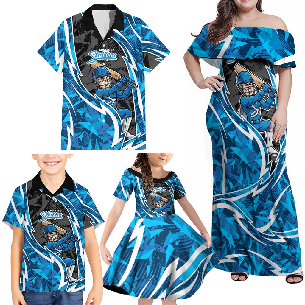 Adelaide Strikers Family Matching Off Shoulder Maxi Dress and Hawaiian Shirt Flaming Lightning Storm Geometric Sports Mascot Art