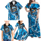 Adelaide Strikers Family Matching Off Shoulder Maxi Dress and Hawaiian Shirt Flaming Lightning Storm Geometric Sports Mascot Art