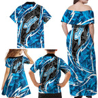 Adelaide Strikers Family Matching Off Shoulder Maxi Dress and Hawaiian Shirt Flaming Lightning Storm Geometric Sports Mascot Art