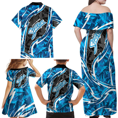Adelaide Strikers Family Matching Off Shoulder Maxi Dress and Hawaiian Shirt Flaming Lightning Storm Geometric Sports Mascot Art