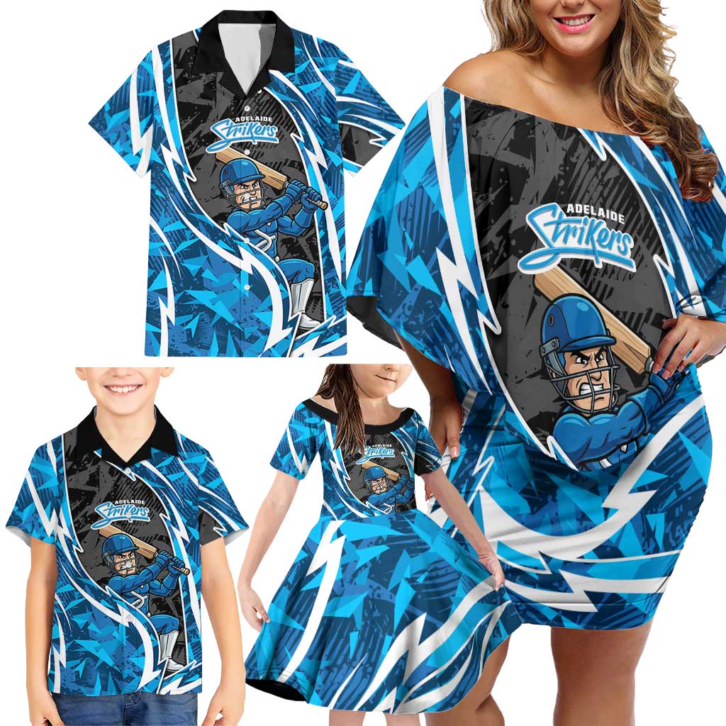 Adelaide Strikers Family Matching Off Shoulder Short Dress and Hawaiian Shirt Flaming Lightning Storm Geometric Sports Mascot Art
