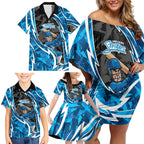 Adelaide Strikers Family Matching Off Shoulder Short Dress and Hawaiian Shirt Flaming Lightning Storm Geometric Sports Mascot Art