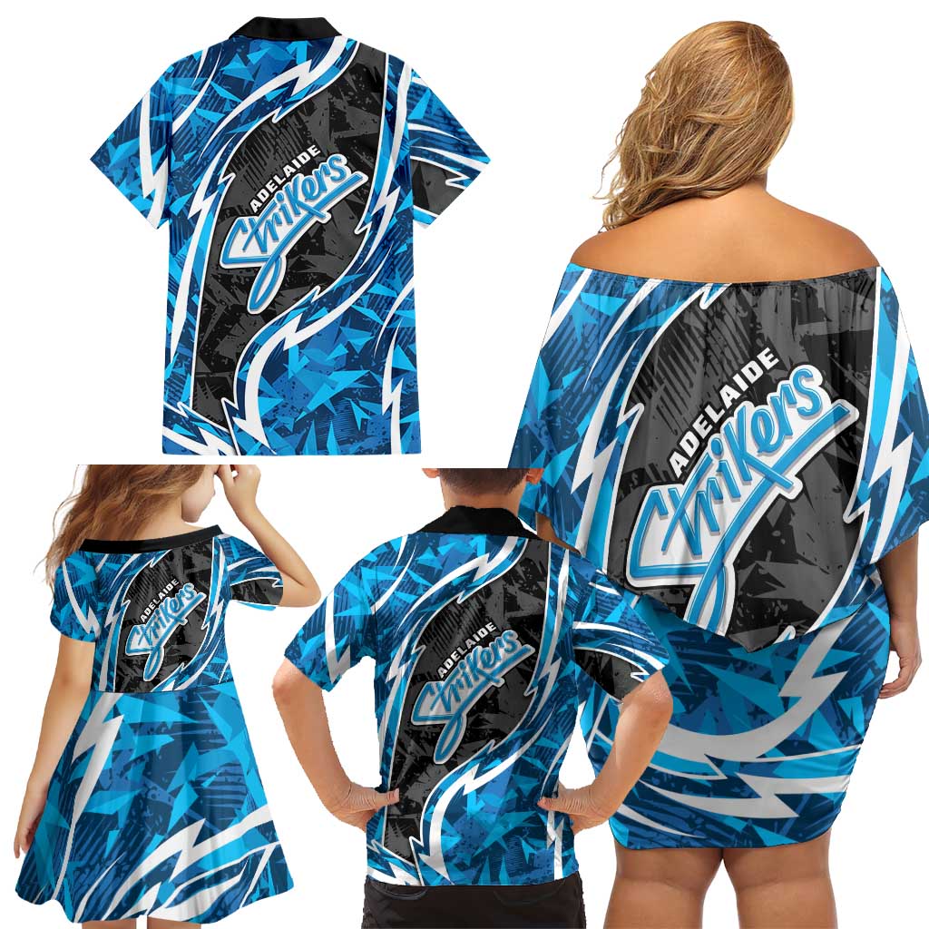 Adelaide Strikers Family Matching Off Shoulder Short Dress and Hawaiian Shirt Flaming Lightning Storm Geometric Sports Mascot Art