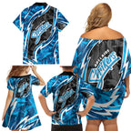 Adelaide Strikers Family Matching Off Shoulder Short Dress and Hawaiian Shirt Flaming Lightning Storm Geometric Sports Mascot Art