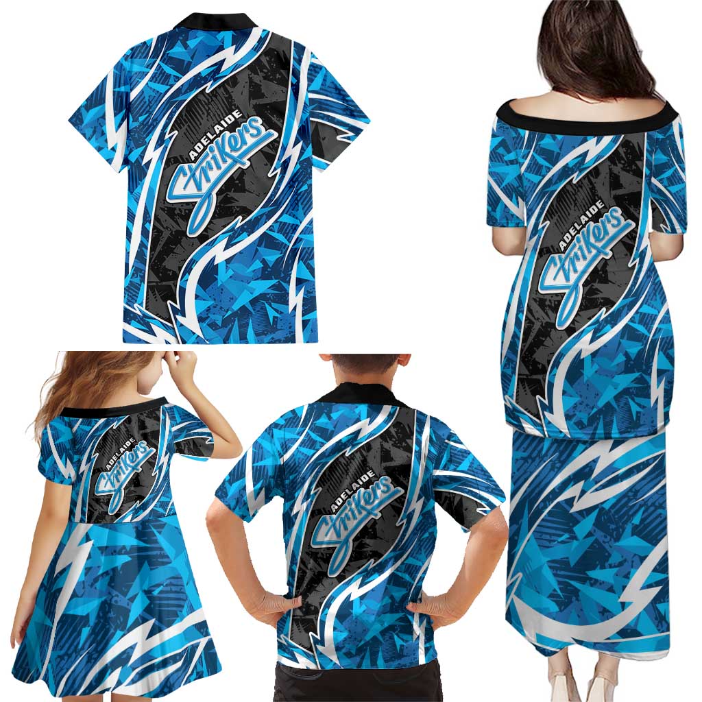 Adelaide Strikers Family Matching Puletasi and Hawaiian Shirt Flaming Lightning Storm Geometric Sports Mascot Art