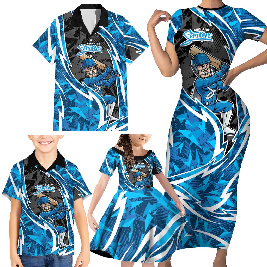 Adelaide Strikers Family Matching Short Sleeve Bodycon Dress and Hawaiian Shirt Flaming Lightning Storm Geometric Sports Mascot Art