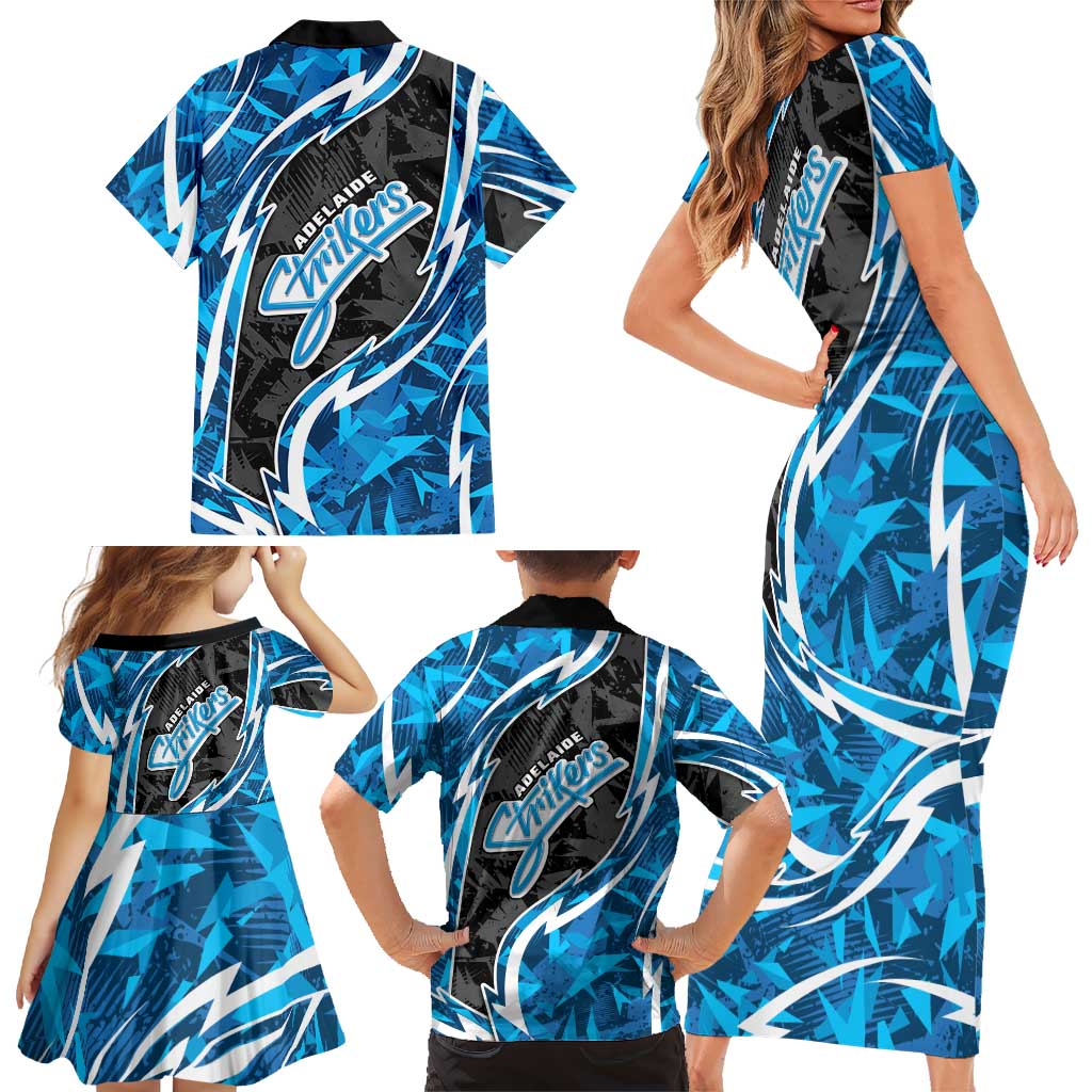 Adelaide Strikers Family Matching Short Sleeve Bodycon Dress and Hawaiian Shirt Flaming Lightning Storm Geometric Sports Mascot Art