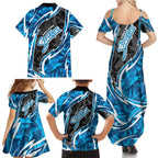 Adelaide Strikers Family Matching Summer Maxi Dress and Hawaiian Shirt Flaming Lightning Storm Geometric Sports Mascot Art