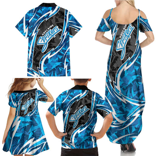 Adelaide Strikers Family Matching Summer Maxi Dress and Hawaiian Shirt Flaming Lightning Storm Geometric Sports Mascot Art