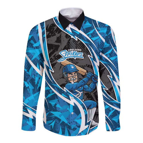 Adelaide Strikers Long Sleeve Button Shirt Flaming Lightning Storm Geometric Sports Mascot Art