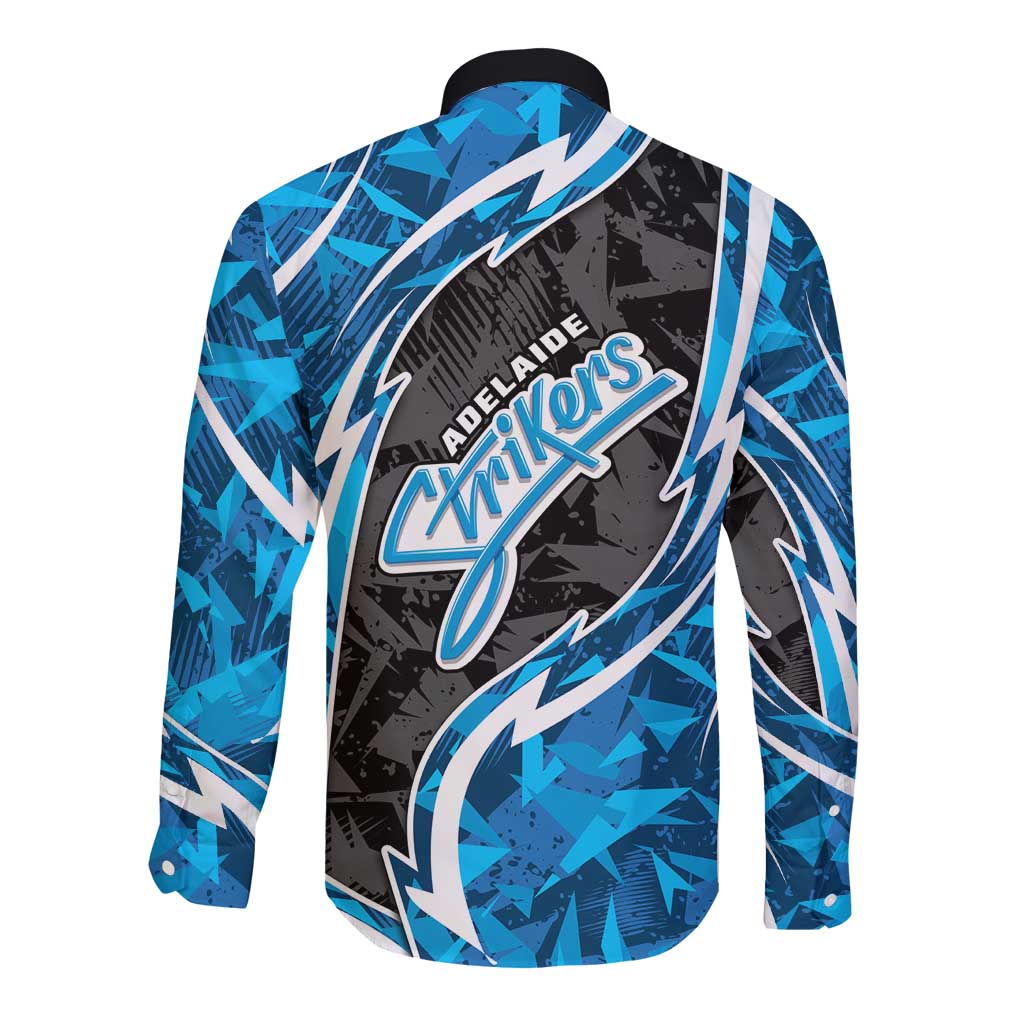 Adelaide Strikers Long Sleeve Button Shirt Flaming Lightning Storm Geometric Sports Mascot Art