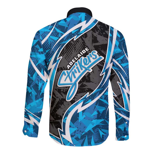 Adelaide Strikers Long Sleeve Button Shirt Flaming Lightning Storm Geometric Sports Mascot Art
