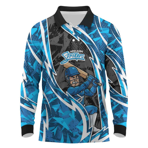 Adelaide Strikers Long Sleeve Polo Shirt Flaming Lightning Storm Geometric Sports Mascot Art