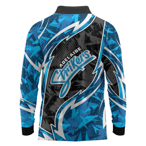 Adelaide Strikers Long Sleeve Polo Shirt Flaming Lightning Storm Geometric Sports Mascot Art