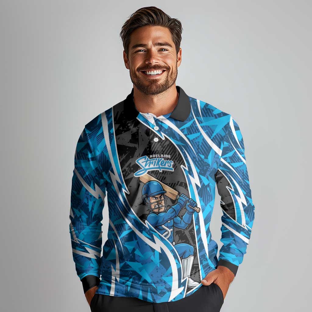 Adelaide Strikers Long Sleeve Polo Shirt Flaming Lightning Storm Geometric Sports Mascot Art