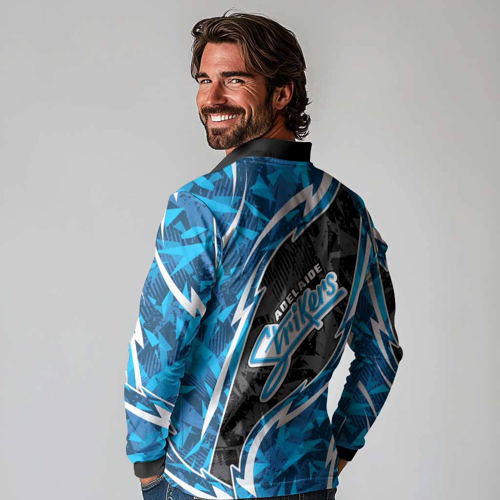 Adelaide Strikers Long Sleeve Polo Shirt Flaming Lightning Storm Geometric Sports Mascot Art