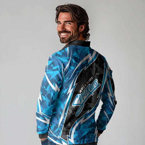 Adelaide Strikers Long Sleeve Polo Shirt Flaming Lightning Storm Geometric Sports Mascot Art