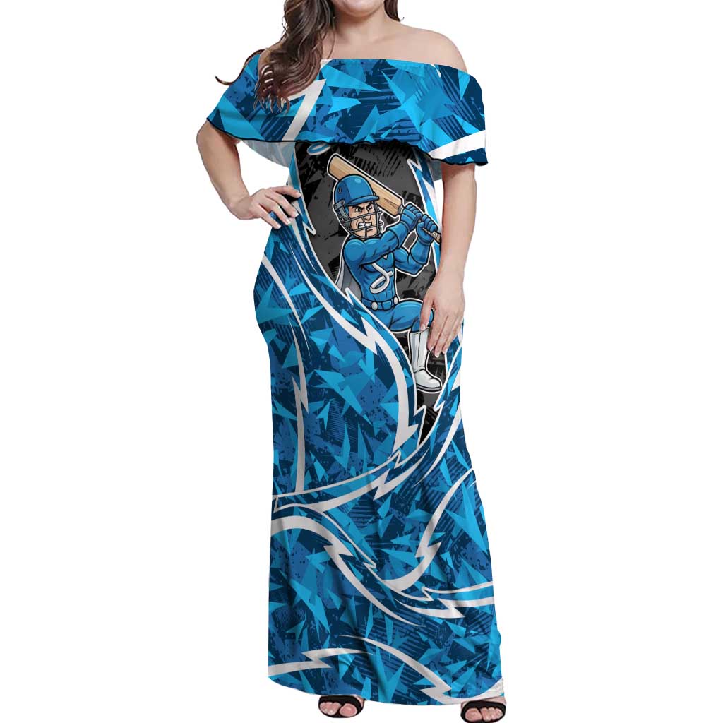 Adelaide Strikers Off Shoulder Maxi Dress Flaming Lightning Storm Geometric Sports Mascot Art