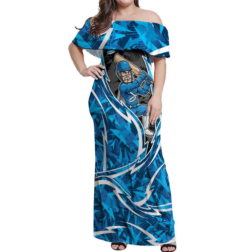 Adelaide Strikers Off Shoulder Maxi Dress Flaming Lightning Storm Geometric Sports Mascot Art