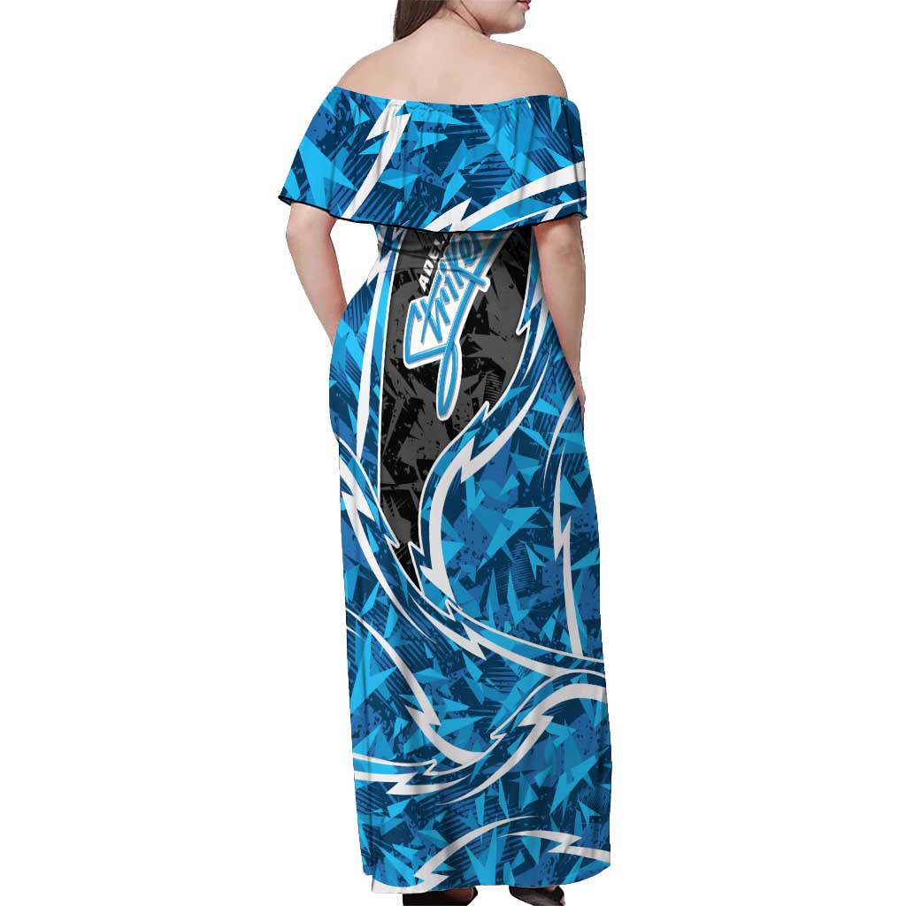 Adelaide Strikers Off Shoulder Maxi Dress Flaming Lightning Storm Geometric Sports Mascot Art