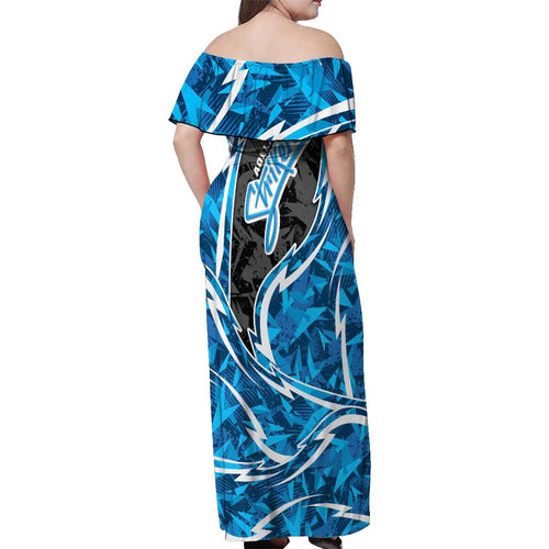 Adelaide Strikers Off Shoulder Maxi Dress Flaming Lightning Storm Geometric Sports Mascot Art