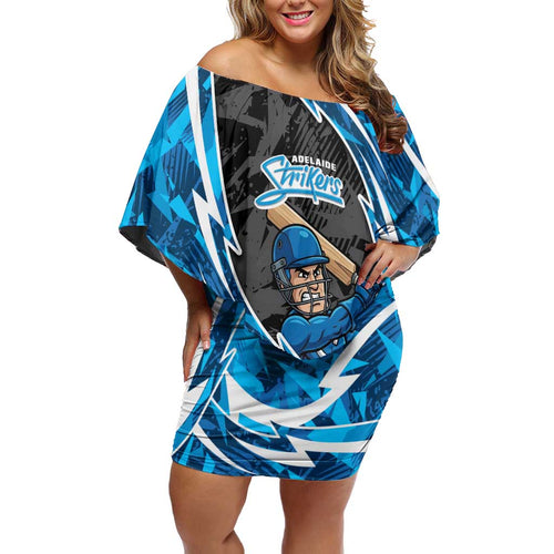 Adelaide Strikers Off Shoulder Short Dress Flaming Lightning Storm Geometric Sports Mascot Art