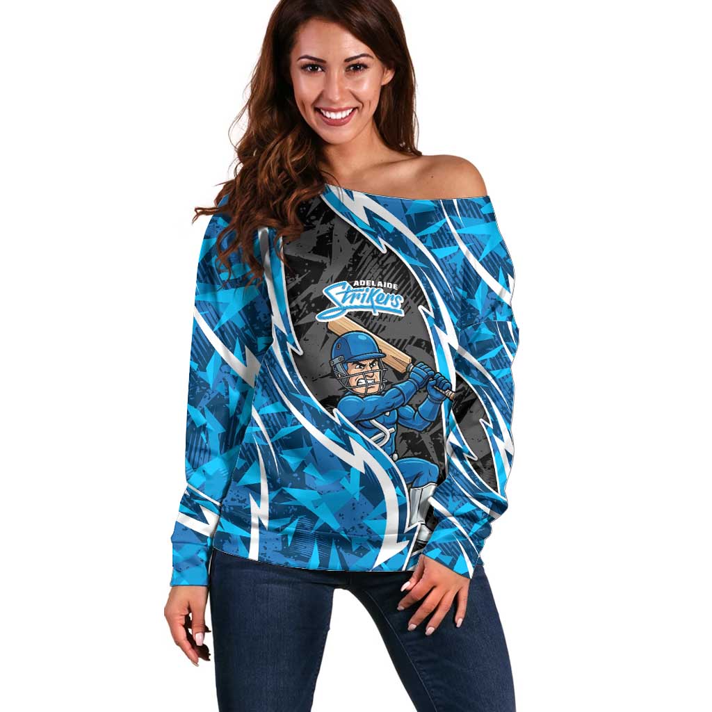 Adelaide Strikers Off Shoulder Sweater Flaming Lightning Storm Geometric Sports Mascot Art