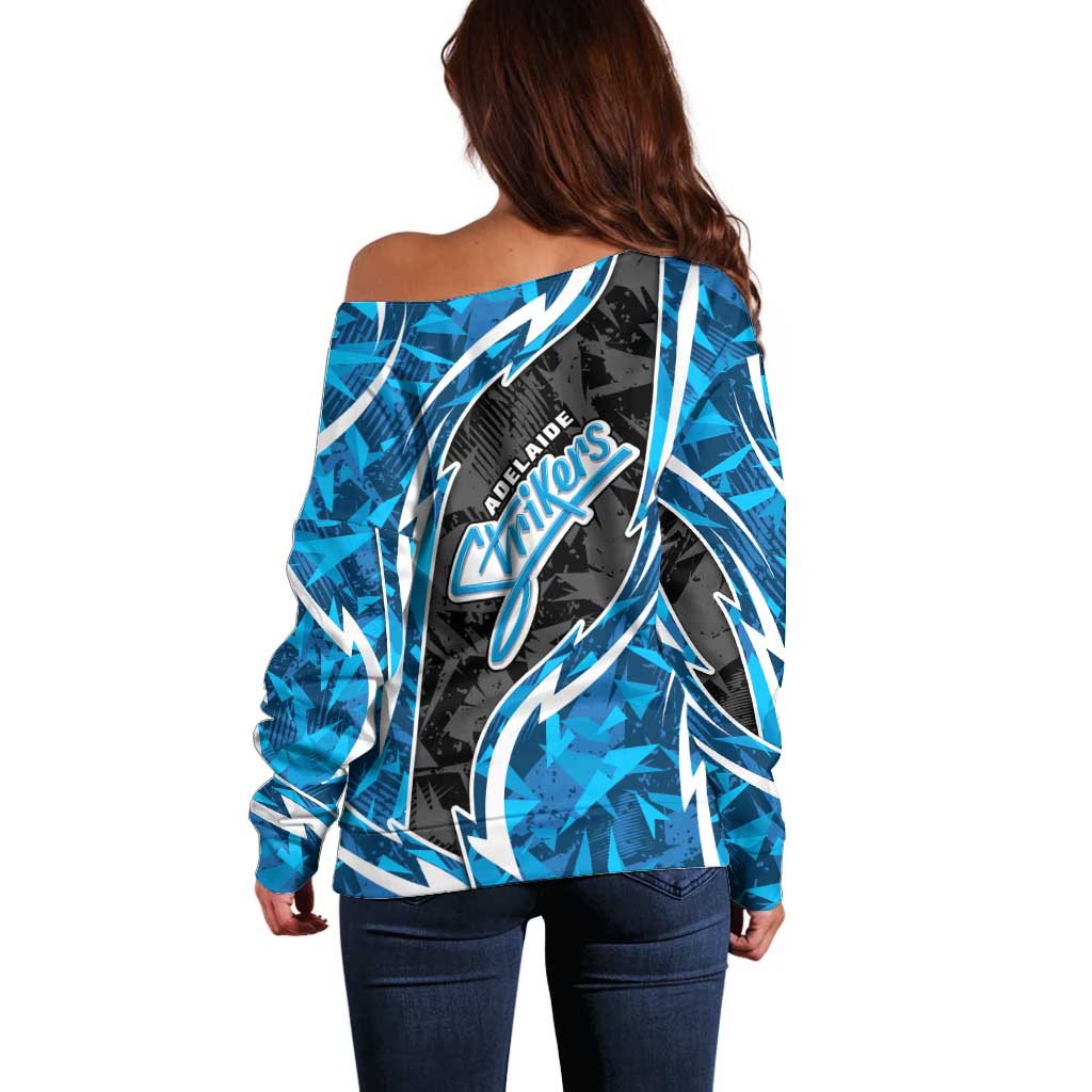 Adelaide Strikers Off Shoulder Sweater Flaming Lightning Storm Geometric Sports Mascot Art